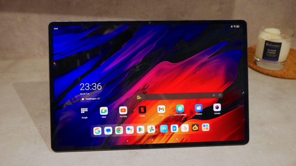 Lenovo Tab Extreme on a table with Home screen active