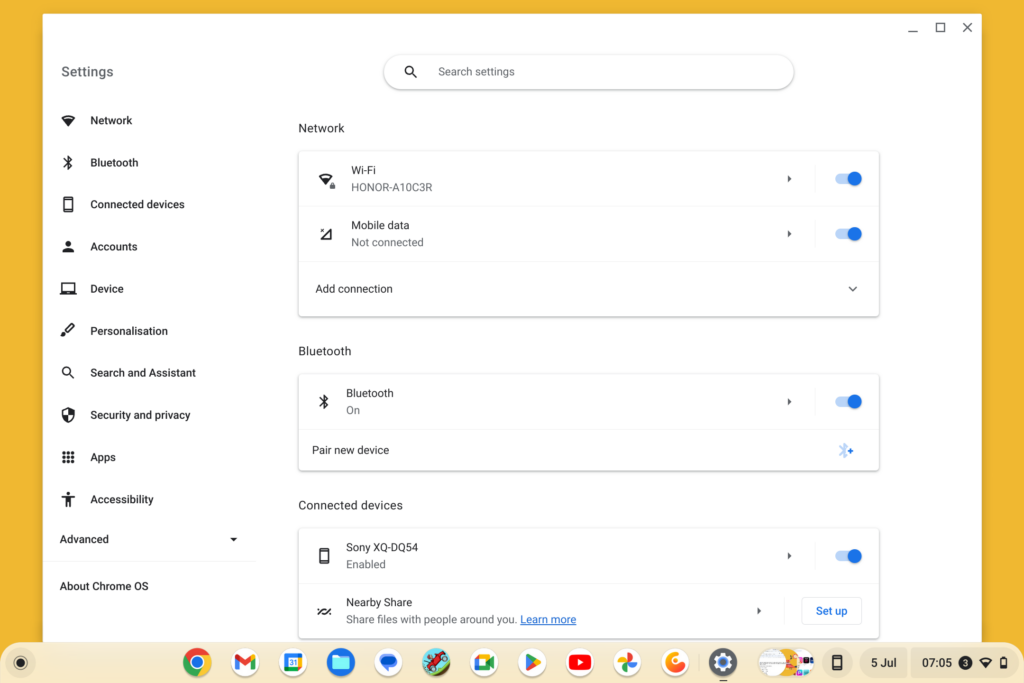 ChromeOS settings menu