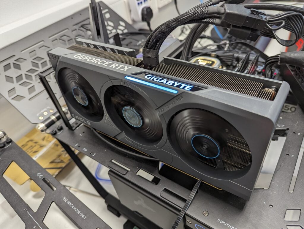 A picture of the Nvidia GeForce RTX 4070 Ti running in our test rig