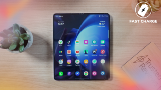 Samsung Galaxy Z Fold 5 with Fast Charge logo in top-right
