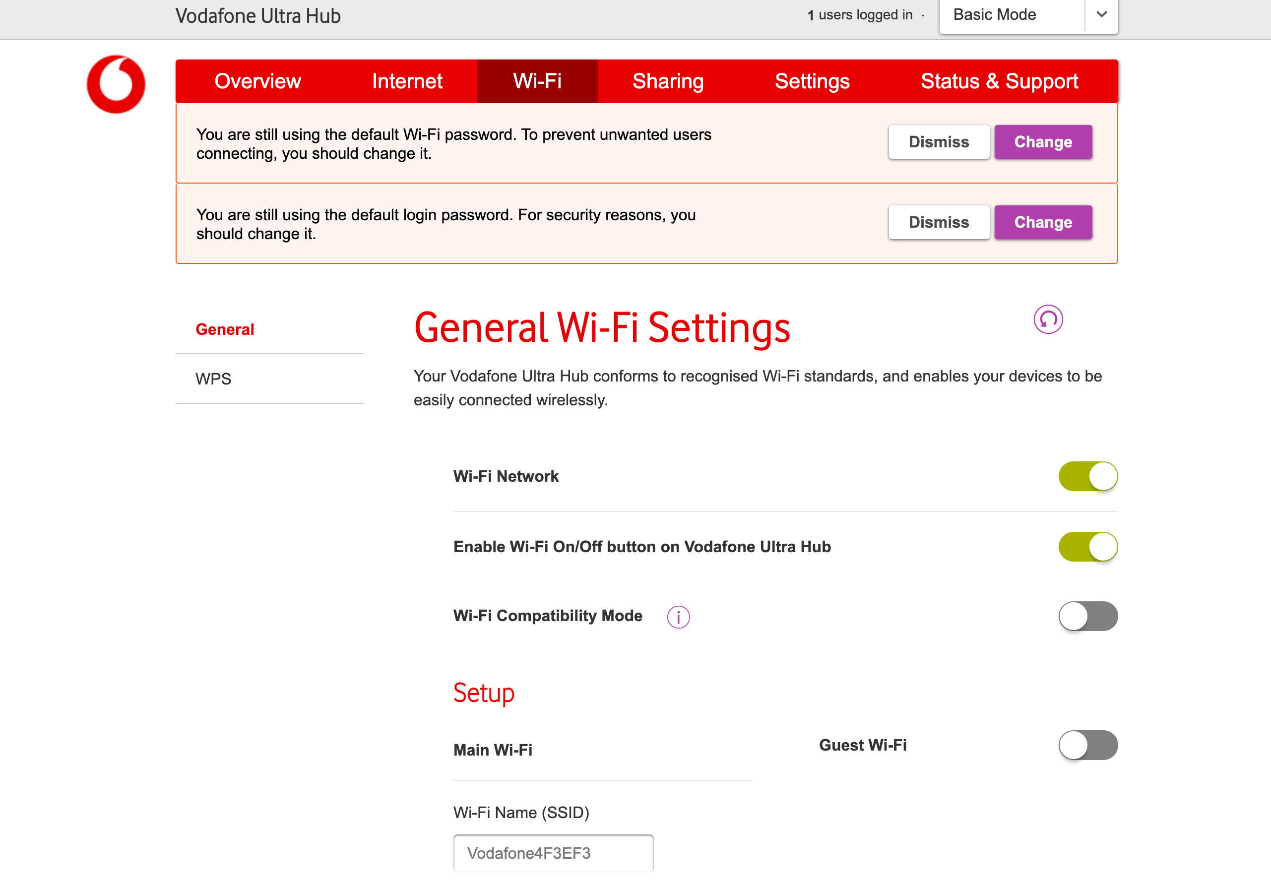Vodafone Ultra Hub web interface