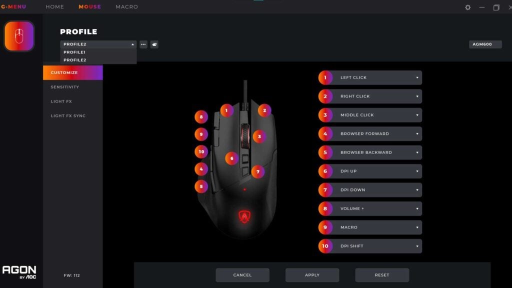 The G-Menu software used to customize AOC AGON hardware like the AGM600 gaming mouse.