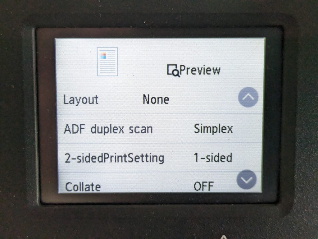 Photo of the copy menu, showing separate duplex settings for ADF and printer
