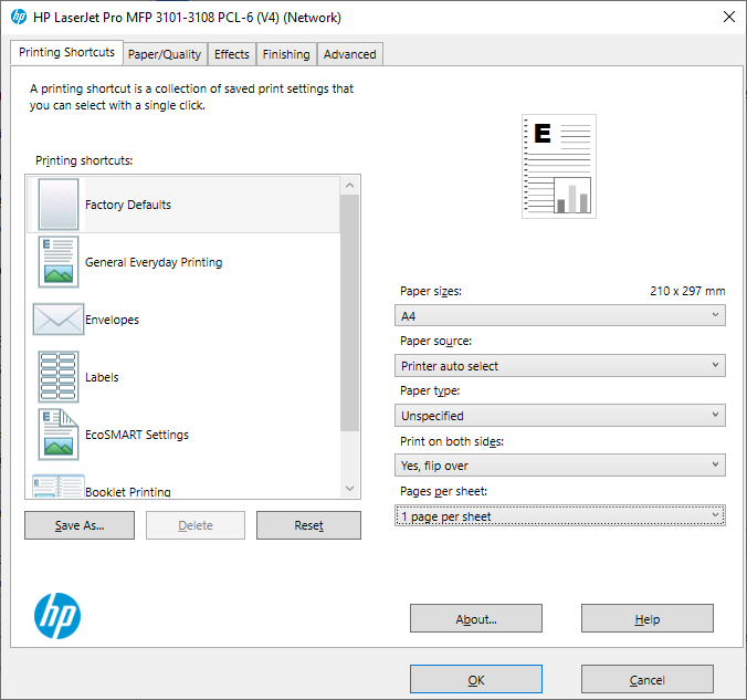 Screenshot of the print driver options