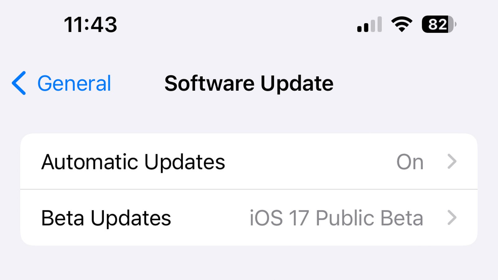 Software update menu in iOS 17