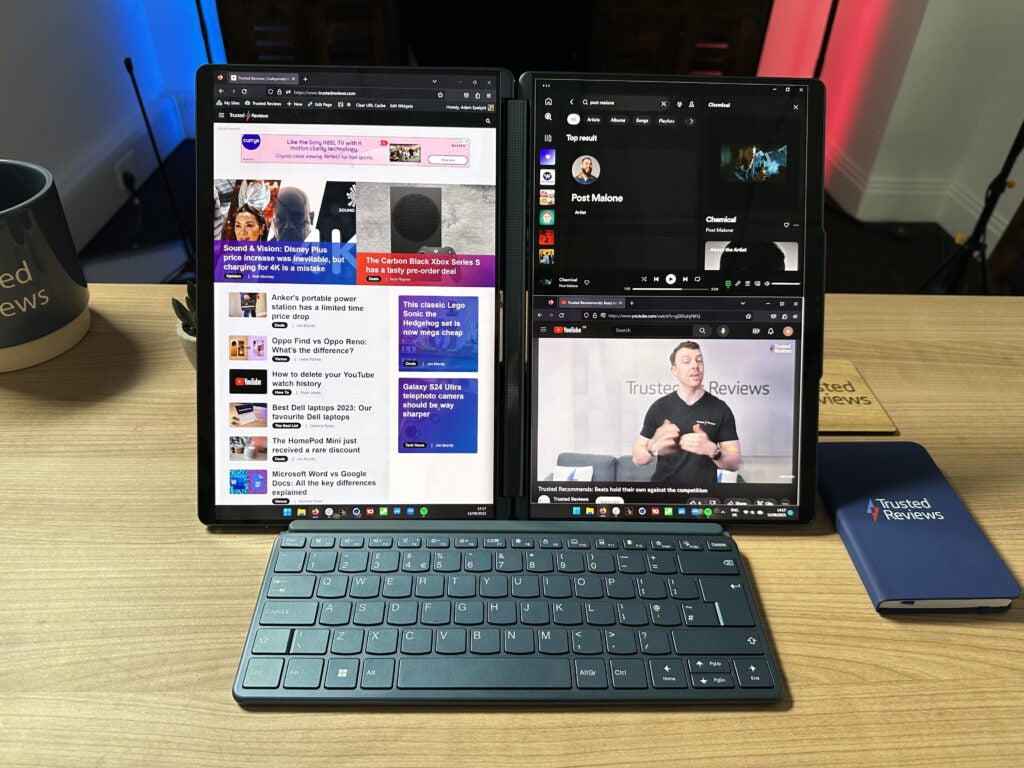 Sitting in portrait mode on stand - Lenovo Yoga Book 9i