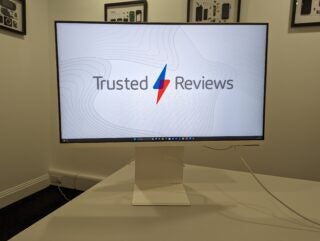 Samsung M8 Smart Monitor displaying Trusted Reviews logo.