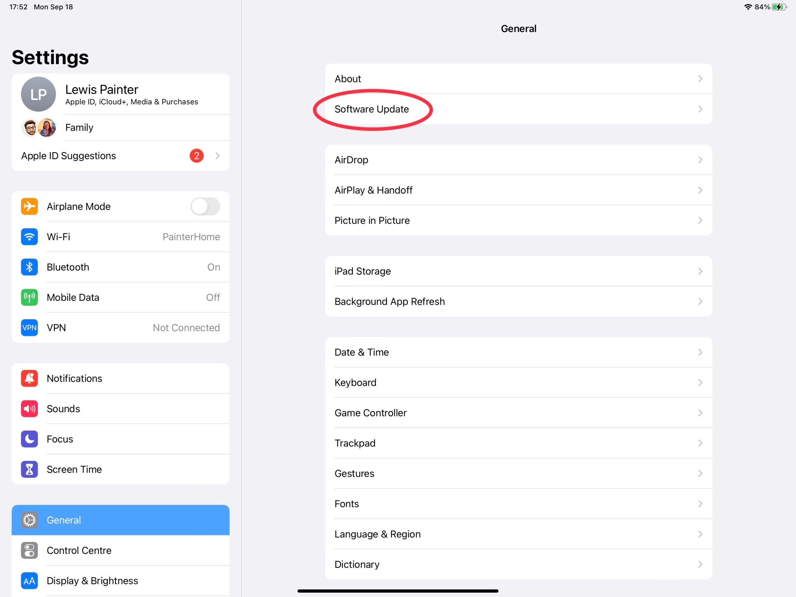 iPadOS settings app