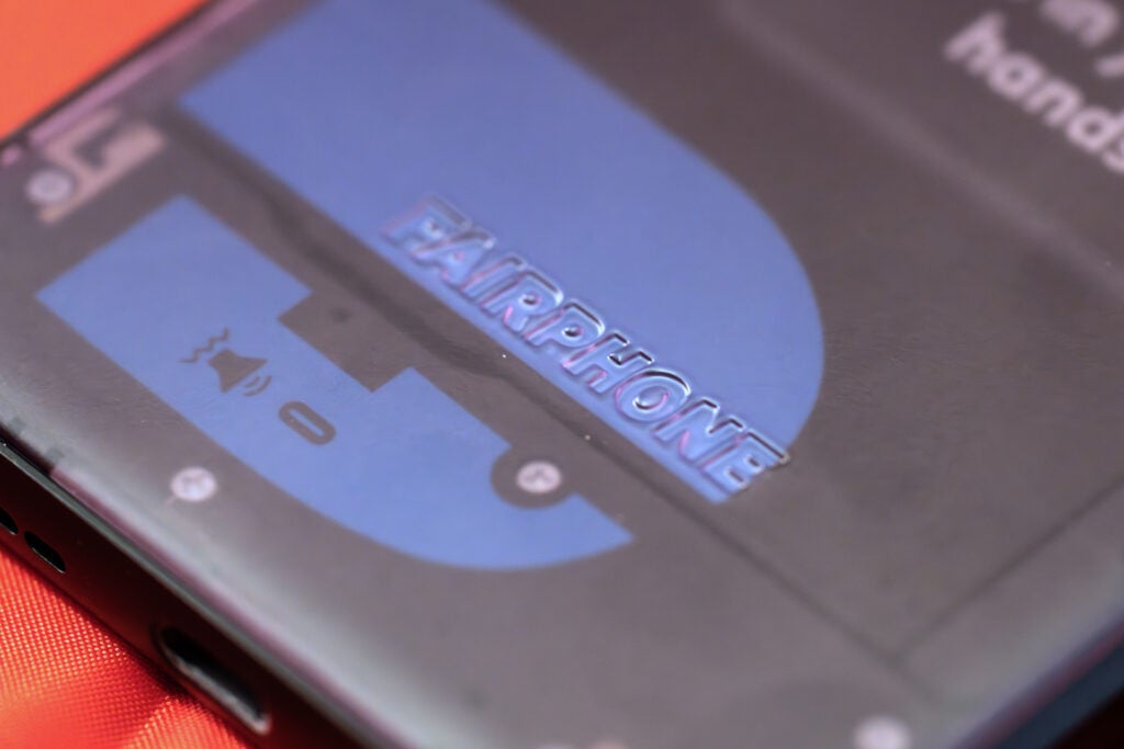 Fairphone 5 rear coverClose-up of Fairphone logo on a smartphone screen.