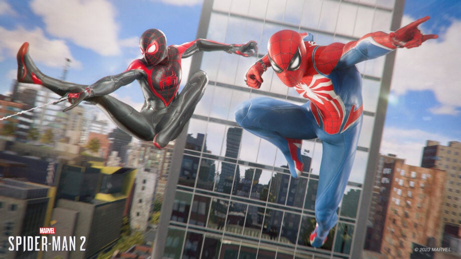 Spider-Man and Miles Morales swinging through city in Spider-Man 2.