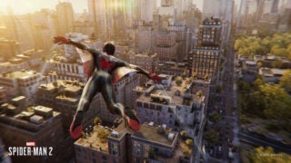 Spider-Man swinging through a cityscape in Marvel's Spider-Man 2.