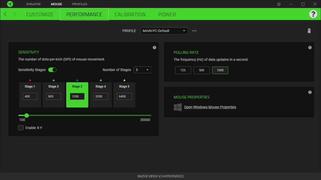 The DPI stage and polling rate page of the Razer Synapse software when using the Razer Viper V3 HyperSpeed.