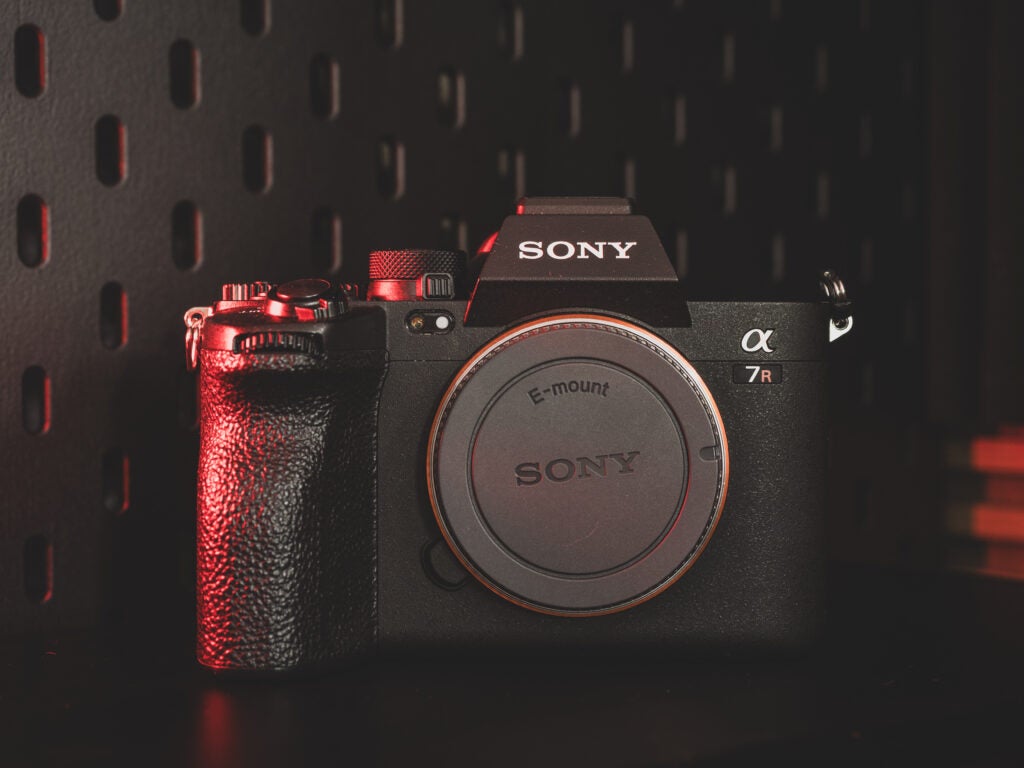 Sony A7R VSony a7R V mirrorless camera on a textured background.