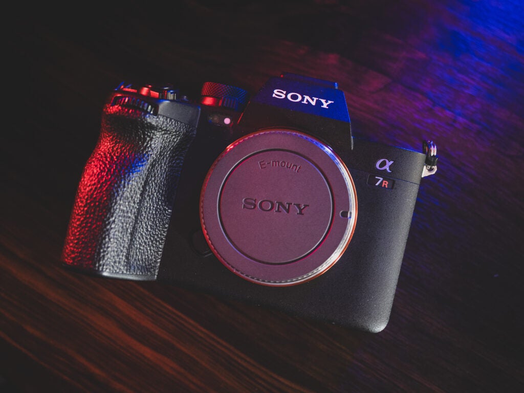 Sony A7R VSony a7R V camera with colorful lighting on wooden surface