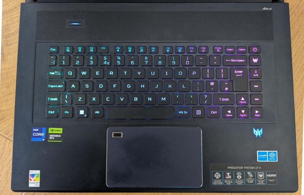 Acer Predator Triton 17 X gaming laptop keyboard and stickers.