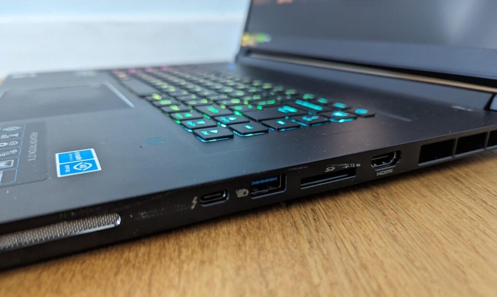 Close-up of Acer Predator Triton laptop keyboard and ports