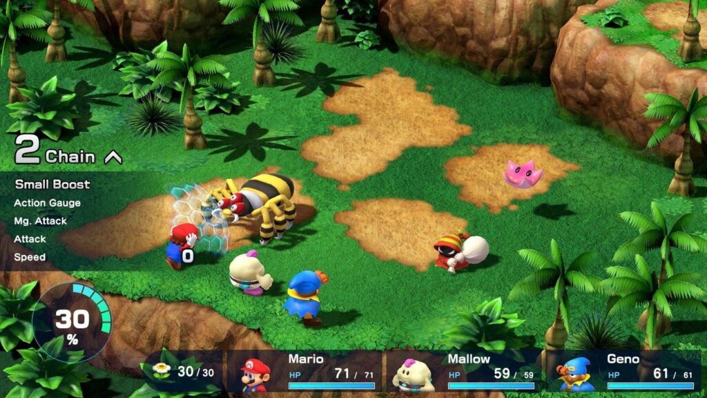 Super Mario RPG combatScreenshot of Super Mario RPG battle scene with characters and stats.