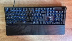 Top view of the Corsair K70 Core mechanical gaming keyboard and its magnetic wristrest.