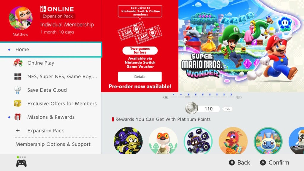 UI screenshot of Nintendo Switch Online + Expansion PackNintendo Switch Online Expansion Pack interface with game promotion.