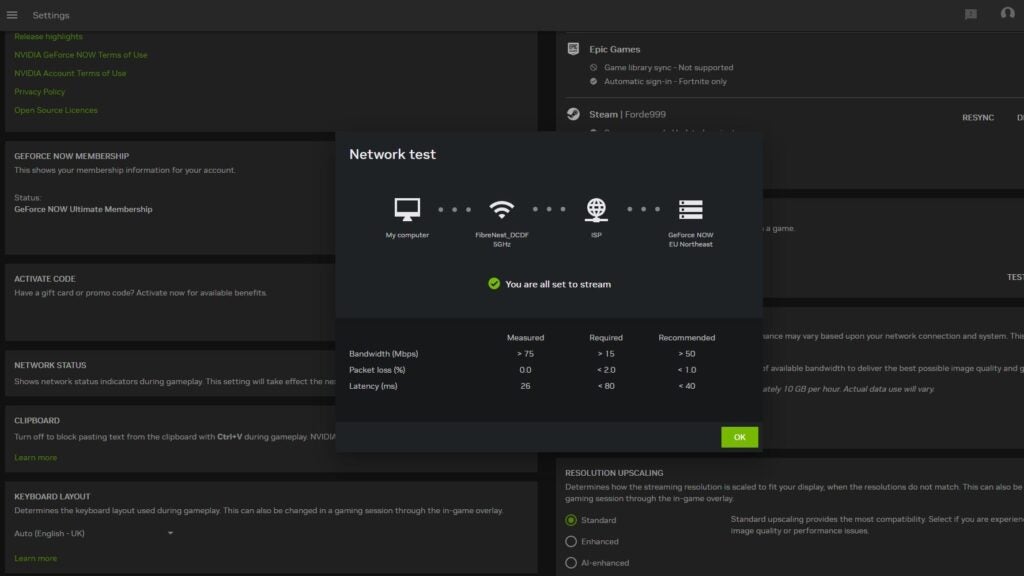 Network test screenshot of Nvidia GeForce Now Ultimate