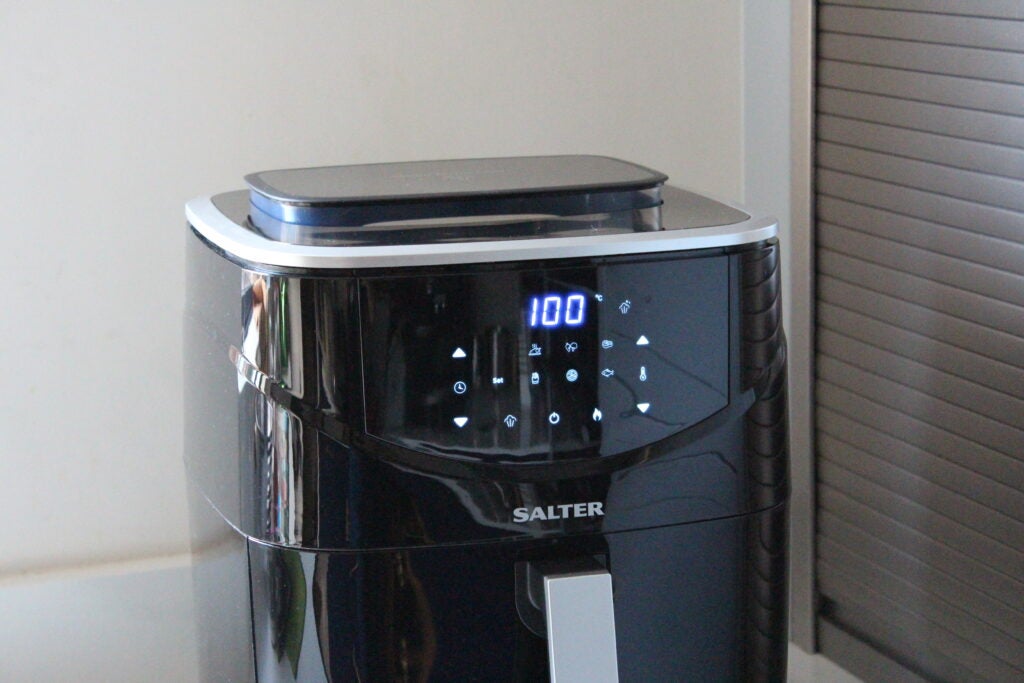 Salter XL Digital Steam Air Fryer controls and screenSalter XL Digital Steamer & Air Fryer on kitchen counter.