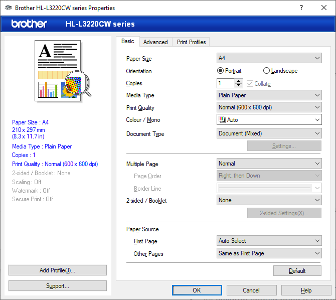 Windows screenshot of the Brother print driver