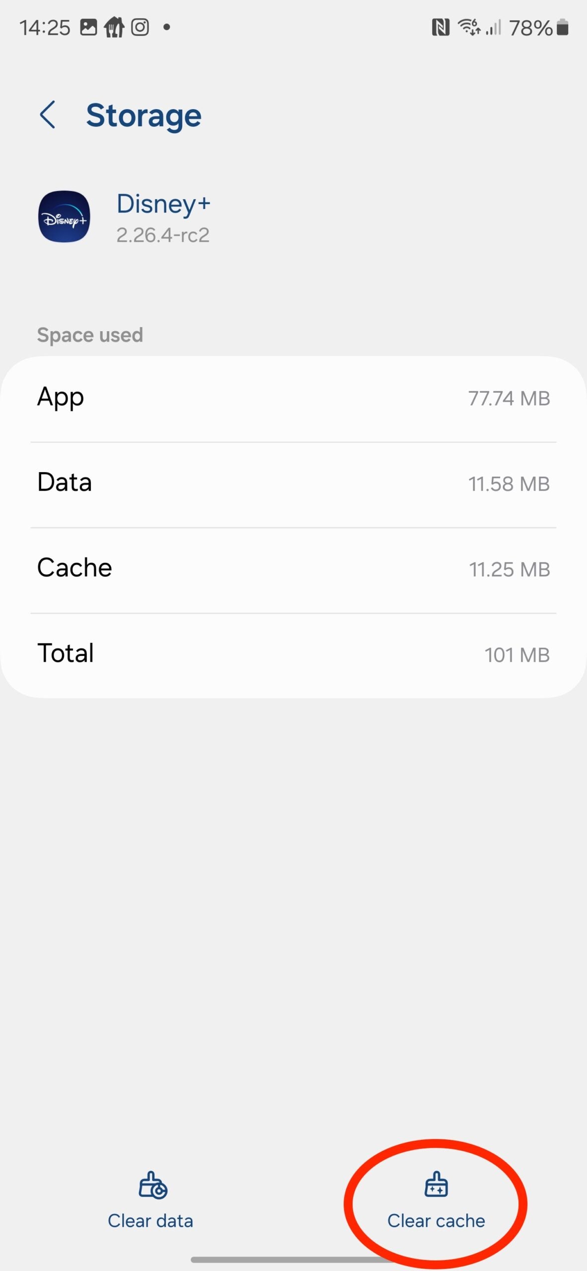 App storage menu on Android