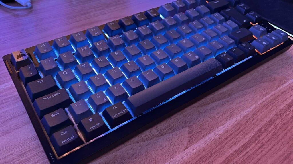 An angled close look at the Corsair K65 Plus Wireless.