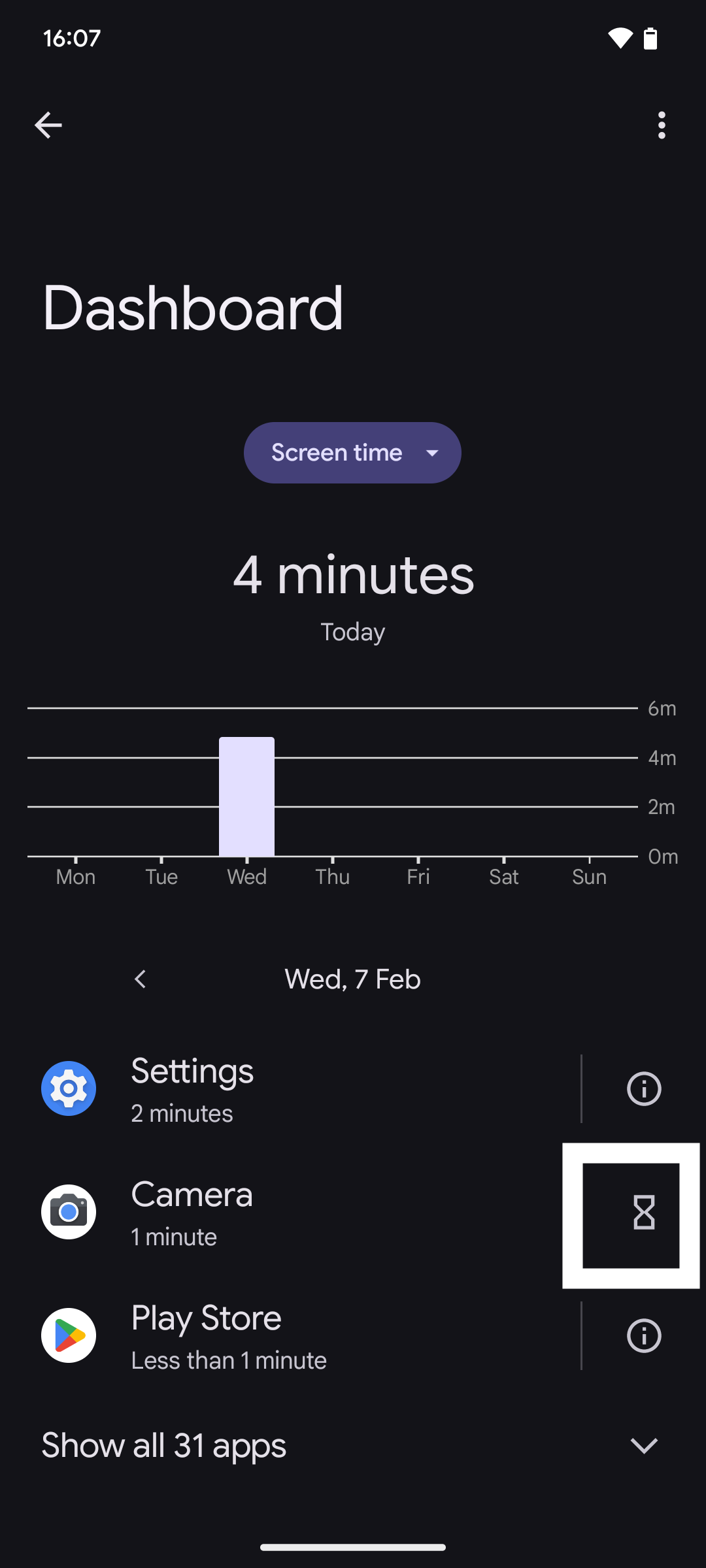 Android screen time dashboard with time limit highlighted