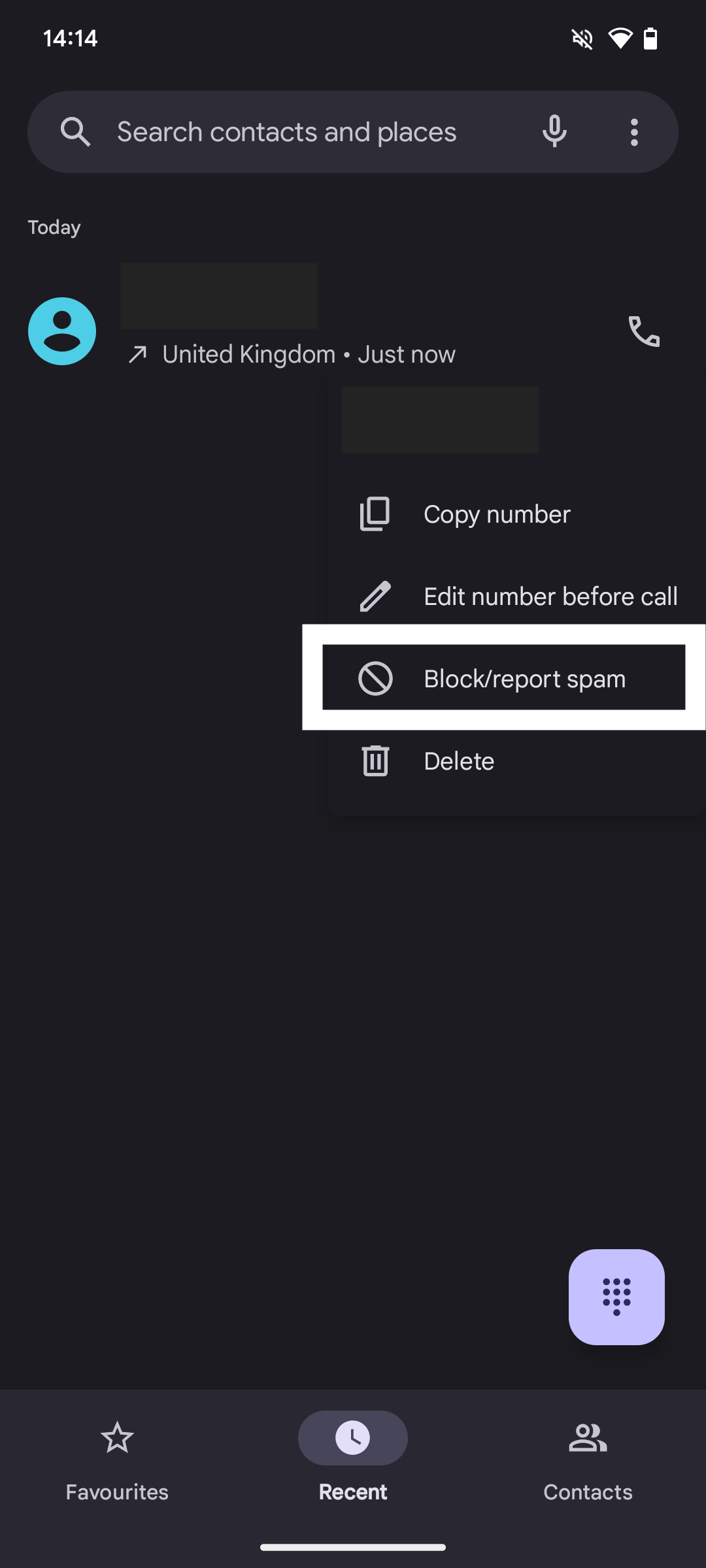 Android phone app screen with block/report option highlighted