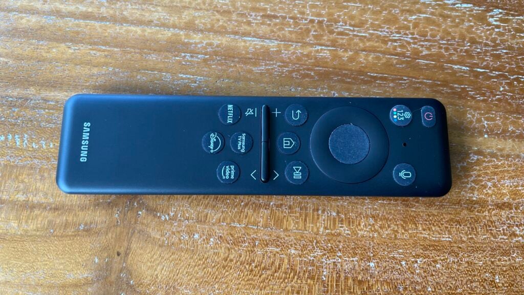 The Samsung 75QN900D's smart remote control.