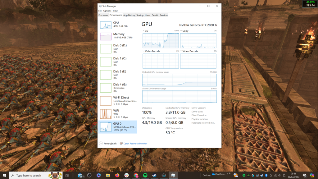 Task Manager running while Total War: Warhammer 2 benchmark runs in the background