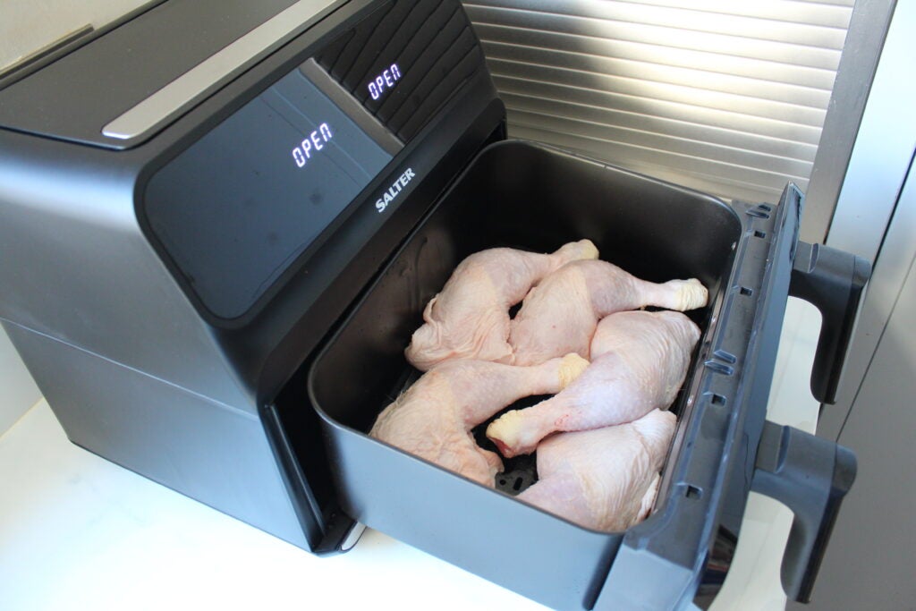 Salter Fuzion Dual Air Fryer chicken legs in drawer