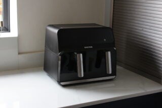 Salter Fuzion Dual Air Fryer on kitchen counter.